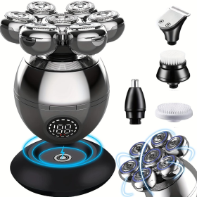 Detachable Head Shavers, LARGNER 5 In 1 Electric Razor IPX7 Waterproof For Bald Men, Wet Dry LED Display Rechargeable 7D Rotary Shaver Grooming K (Option: Bright silver)